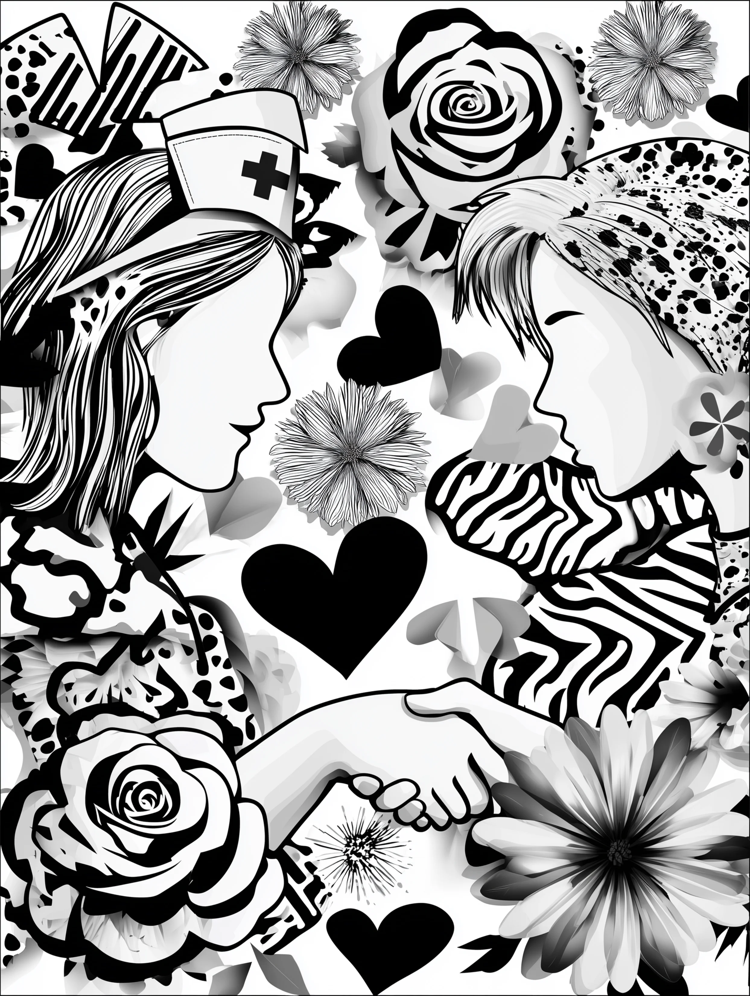 Free printable nursing coloring page for adults featuring a faceless nurse shaking hands